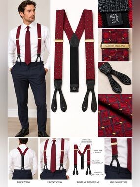 Vintage Men’s 100% Silk Suspenders Braces Red Geometric Made in England